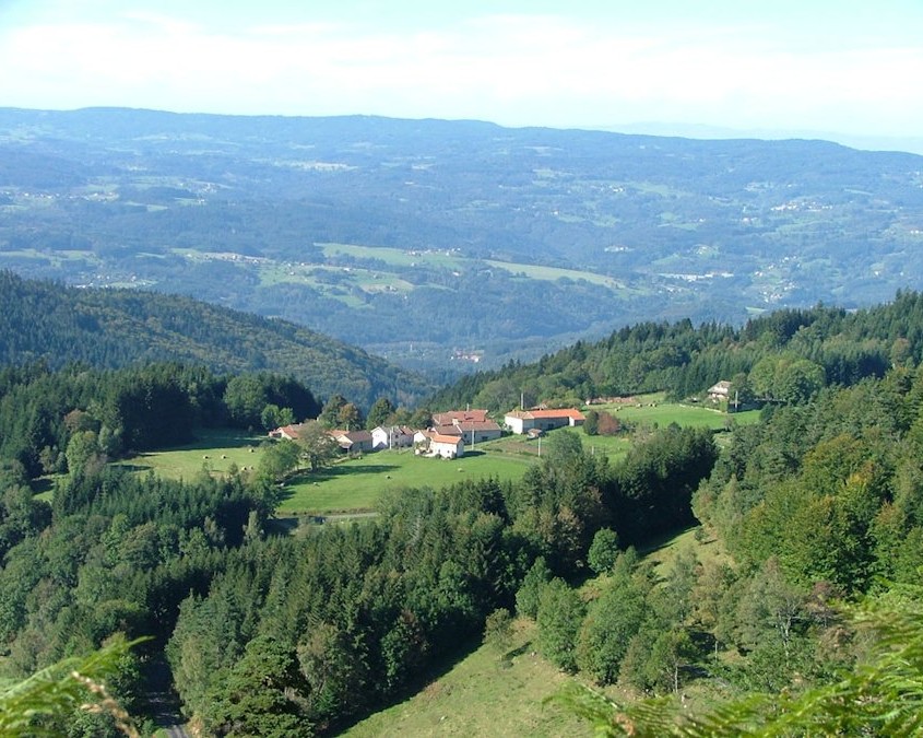 Parc régional du Livradois-Forez, Hameau accroché au-dessus de la vallée de Vertolaye depuis D255.